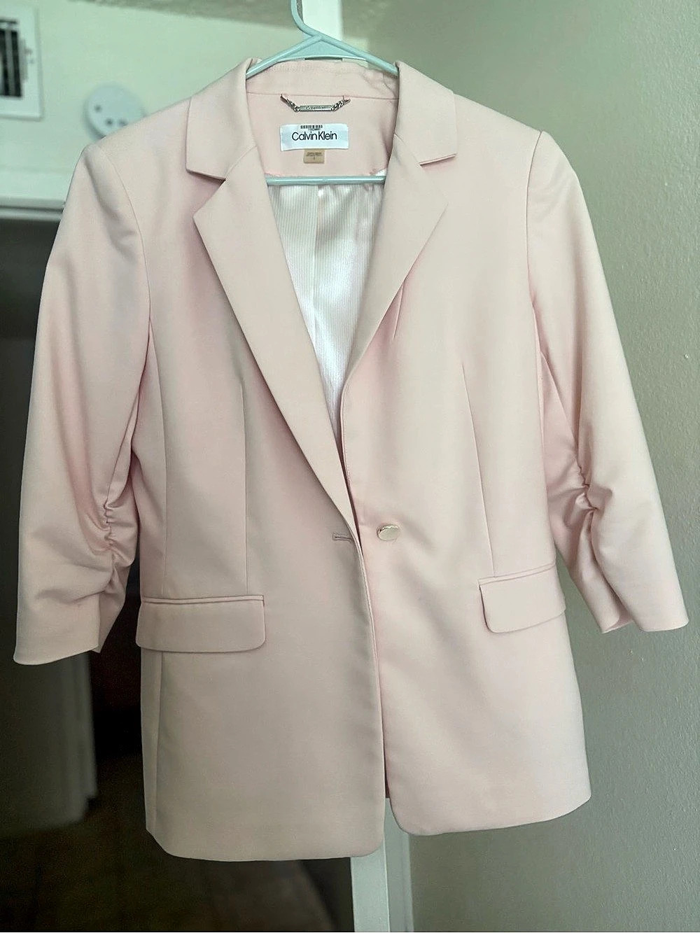 Calvin Klein Ruched-Sleeve One-Button Blazer Pink Blazer